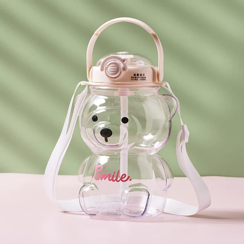 1000Ml Large Capacity Cartoon Bear Plastic Sippy Cup Children'S Portable Backpack Kettle Water Bottle Mug with Straw Girl'S Cup