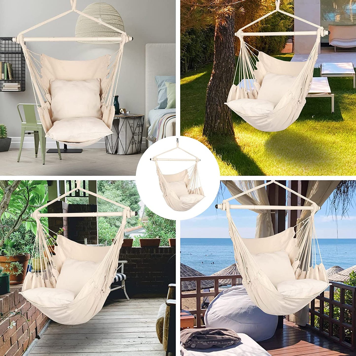 Hammock Chair Hanging Rope Swing - Max 500 Lbs - 2 Cushions Included - Steel Spreader Bar with Anti-Slip Rings - for Any Indoor or Outdoor Spaces (Beige)