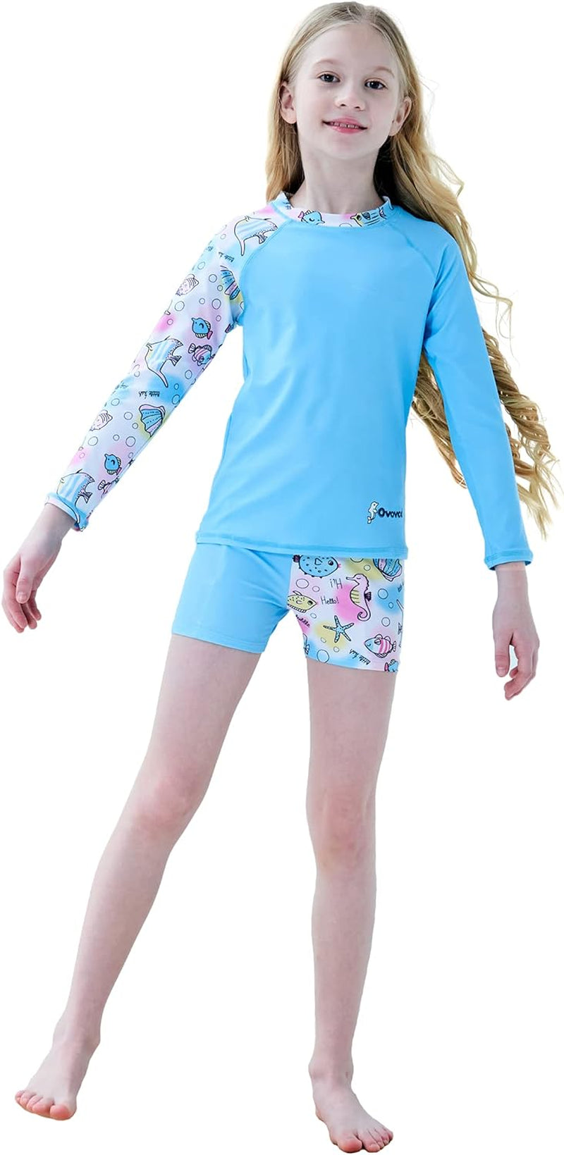 Girls Swimsuit Two Piece Rash Guard Set for 4-14 Years UPF 50+ UV Protective Long Sleeve Swimwear