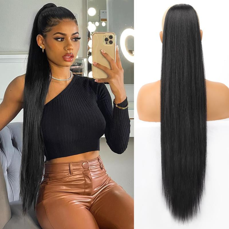 [Kookastyle]Long Straight 32-Inch Drawstring Ponytail Extension - Natural Soft Synthetic Hairpiece, Clip-In, Heat-Resistant, Black Fake Pony Tail for Women