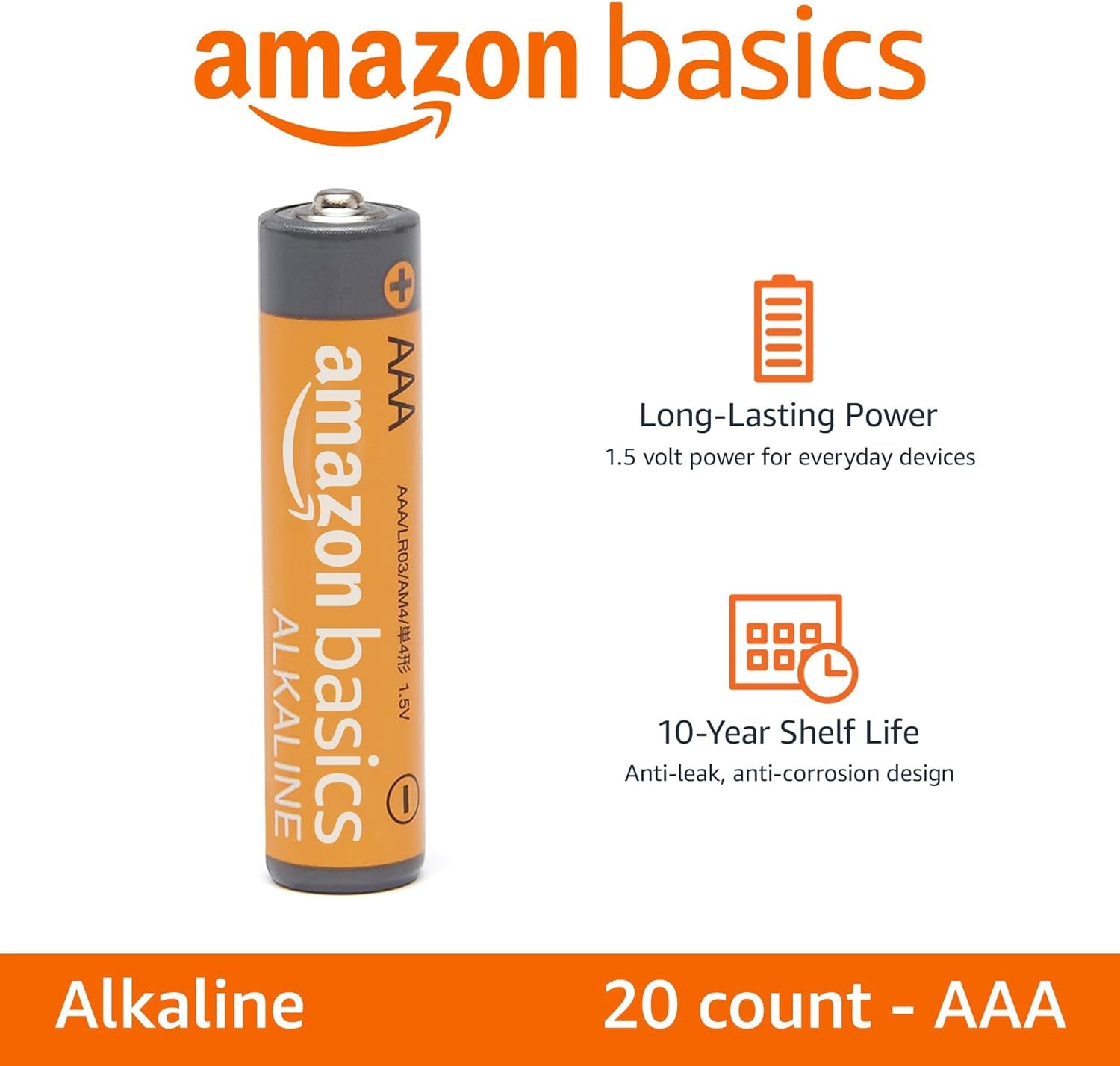 AAA Alkaline High-Performance Batteries, 1.5 Volt, 10-Year Shelf Life, 20 Count