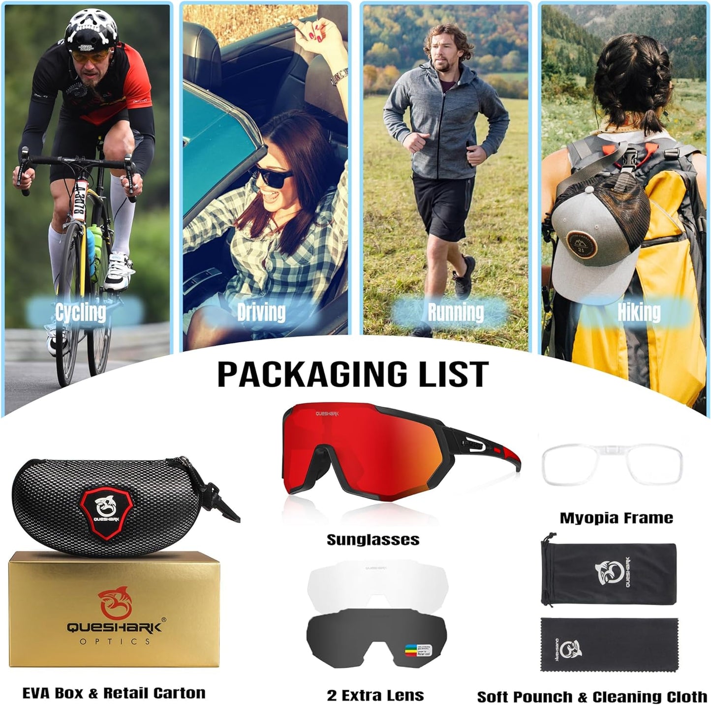 Cycling Glasses Sports Sunglasses for Men Women with 1 Polarized 2 HD Lens for MTB Running Driving Fishing Baseball