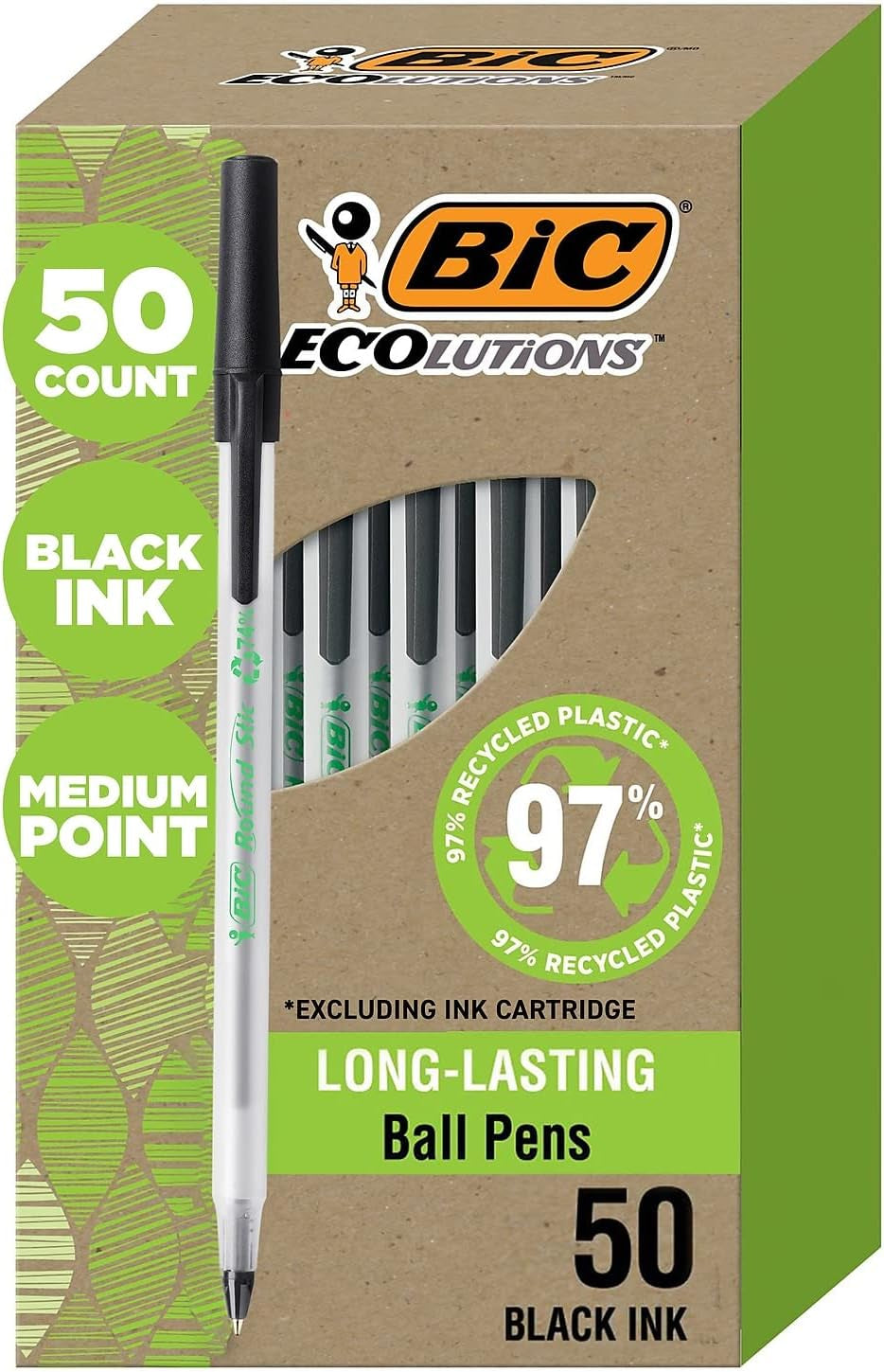 Ecolutions round Stic Ballpoint Pens, Medium Point (1.0Mm), 50-Count Pack, Black Ink Pens Made from 97% Recycled Plastic