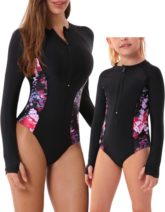 Women and Girls Matching Swimsuit: Long Sleeve One Piece Rash Guard Bathing Suit UPF 50+ (Please Order Separately)