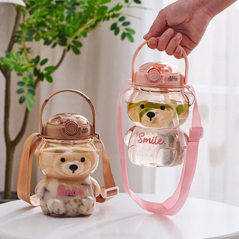 1000Ml Large Capacity Cartoon Bear Plastic Sippy Cup Children'S Portable Backpack Kettle Water Bottle Mug with Straw Girl'S Cup