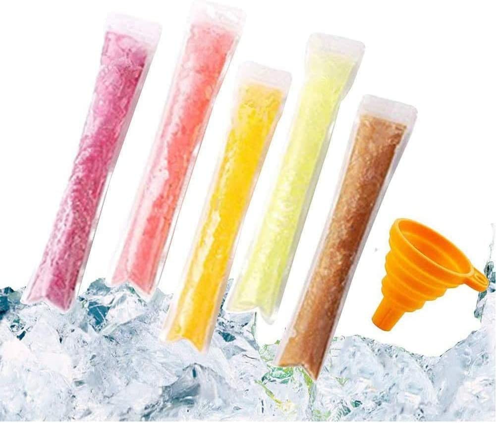 200 PCS Pop Bags Pop Mold Bags Popsicle Pouches Popsicle Molds Bags BPA Free Ice Pop Pouch with a Funnel for Yogurt, Ice Candy, Ice Cream Party Favors(11"X2")