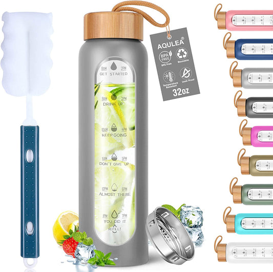 32 Oz Glass Water Bottle with Times to Drink - BPA Free Reusable Wide Mouth Glass Motivational Water Bottles with Infuser & Silicone Sleeve – Borosilicate Water Bottle with Time Marker