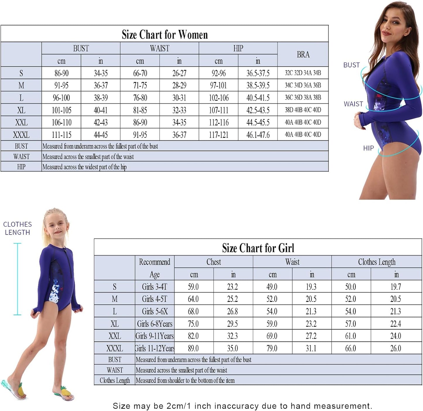 Women and Girls Matching Swimsuit: Long Sleeve One Piece Rash Guard Bathing Suit UPF 50+ (Please Order Separately)