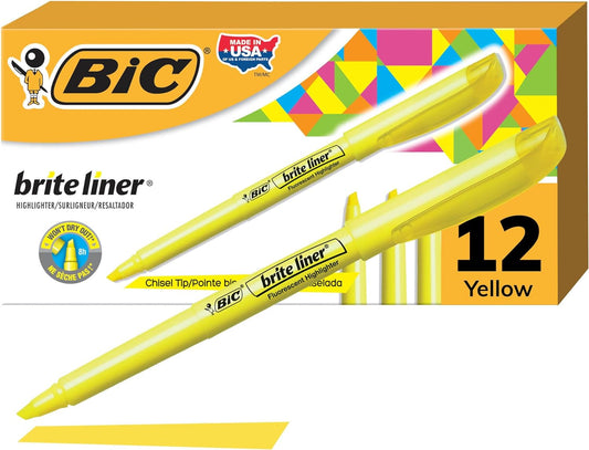 Brite Liner Highlighters, Chisel Tip, Yellow Highlighters, 12-Count, for Broad Highlighting or Fine Underlining