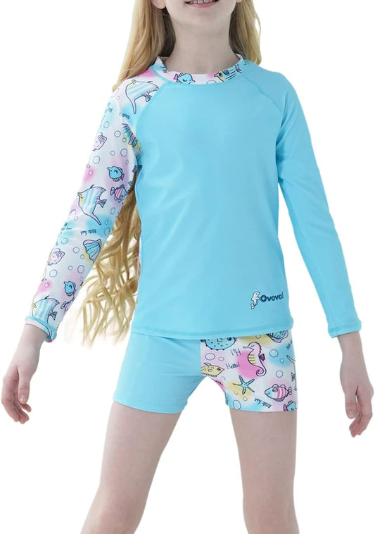 Girls Swimsuit Two Piece Rash Guard Set for 4-14 Years UPF 50+ UV Protective Long Sleeve Swimwear