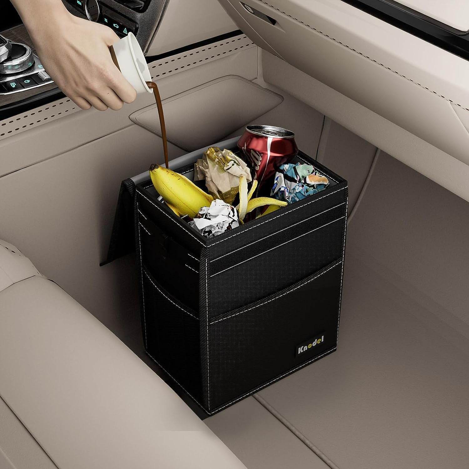 KNODEL Car Trash Can, Waterproof Garbage Can/Bag with Lid, 600D Leak-Proof Trash Bin, Car Trash Hanging (Medium, Black)