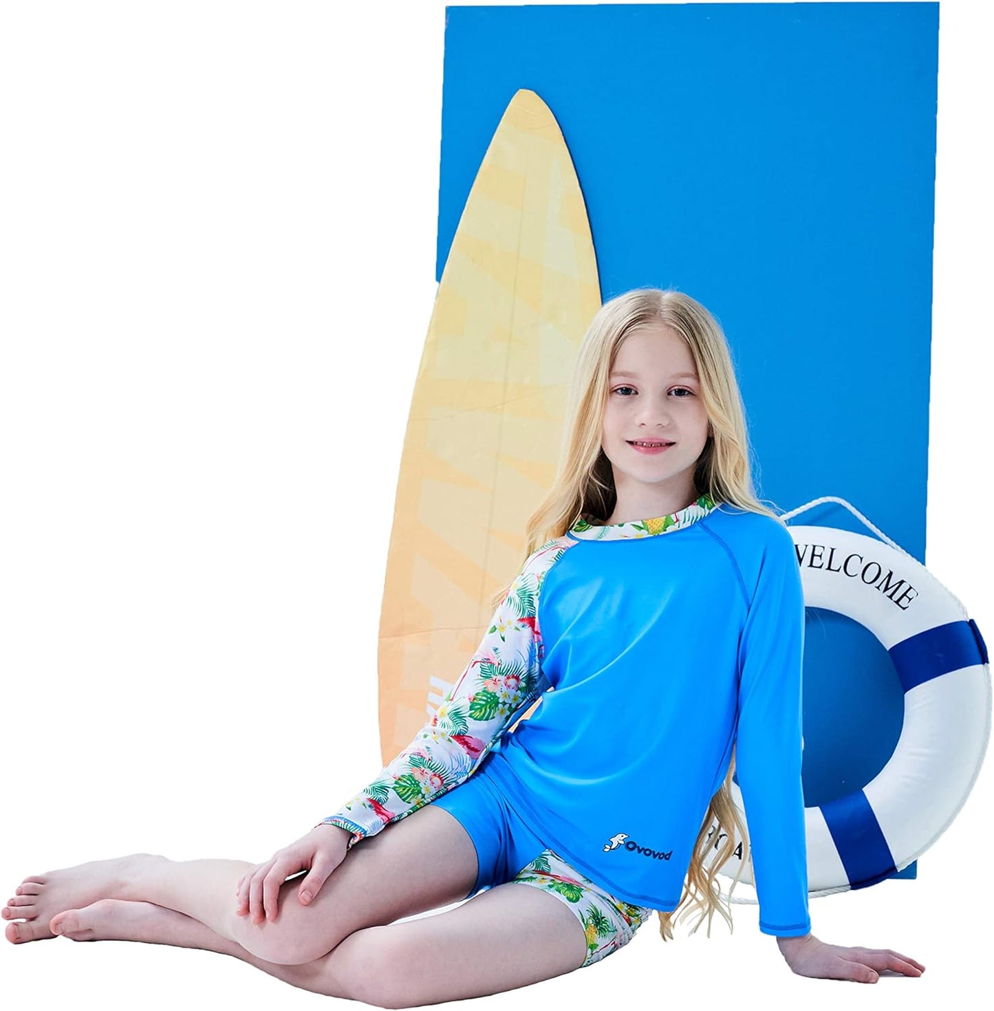 Girls Swimsuit Two Piece Rash Guard Set for 4-14 Years UPF 50+ UV Protective Long Sleeve Swimwear