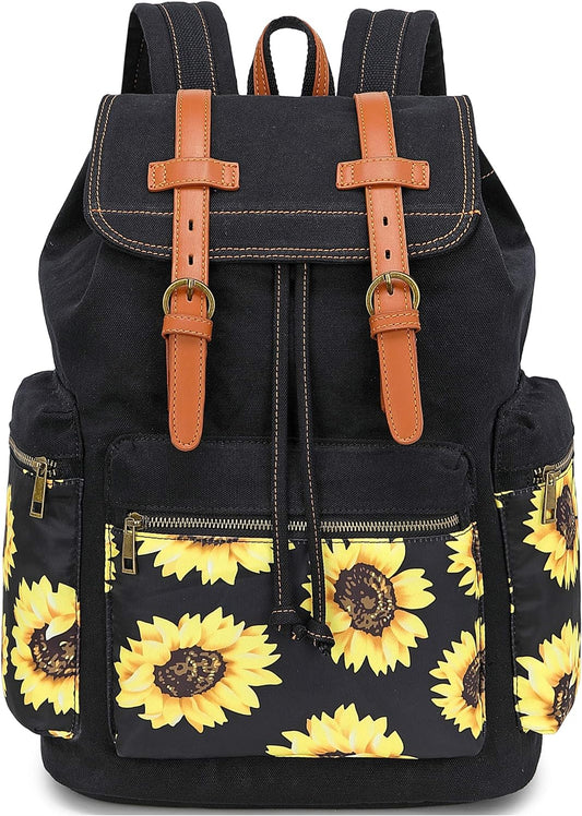 Girls School Backpack Women College Bookbag Lady Travel Rucksack 15.6Inch Laptop Bag (Black Sunflower)