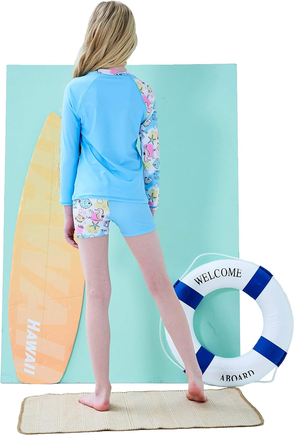 Girls Swimsuit Two Piece Rash Guard Set for 4-14 Years UPF 50+ UV Protective Long Sleeve Swimwear