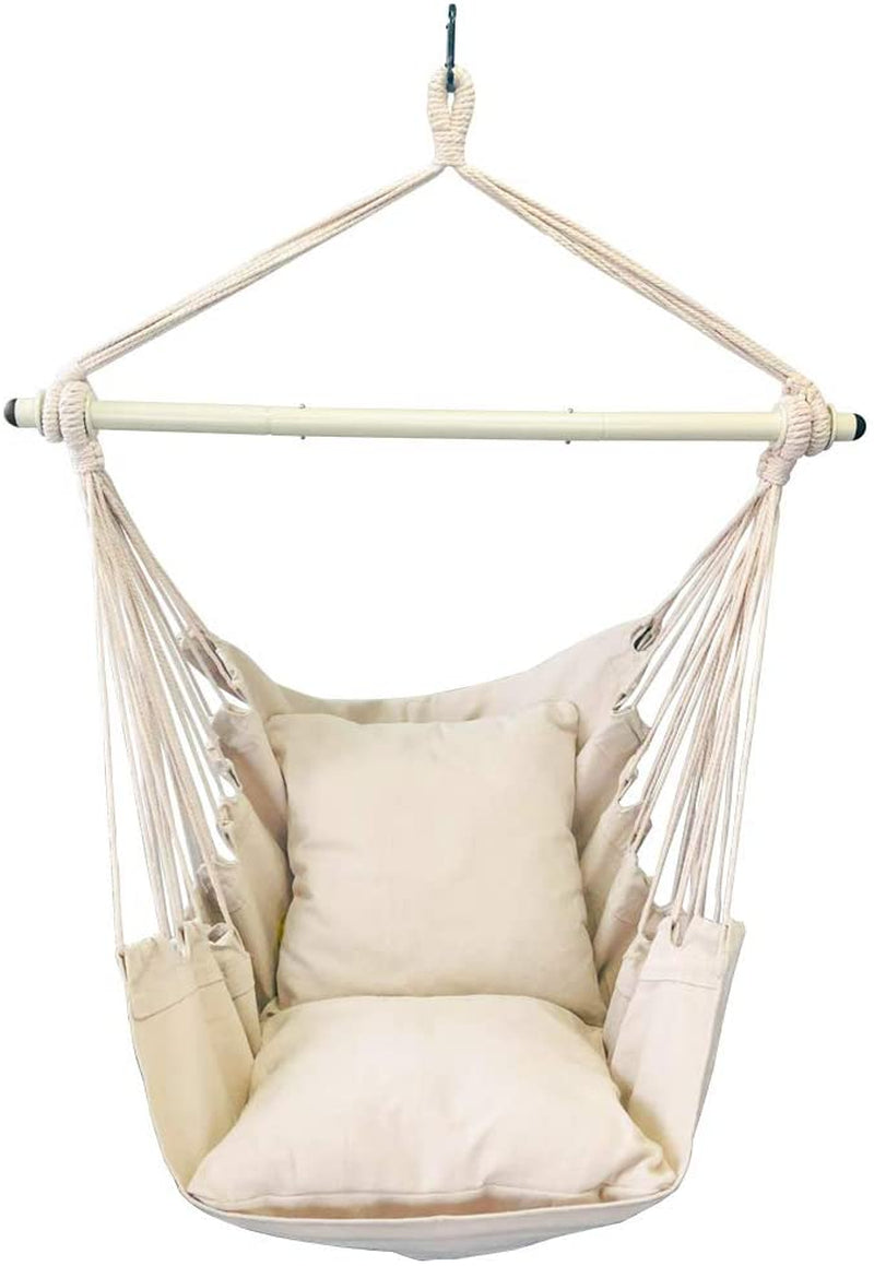 Hammock Chair Hanging Rope Swing - Max 500 Lbs - 2 Cushions Included - Steel Spreader Bar with Anti-Slip Rings - for Any Indoor or Outdoor Spaces (Beige)