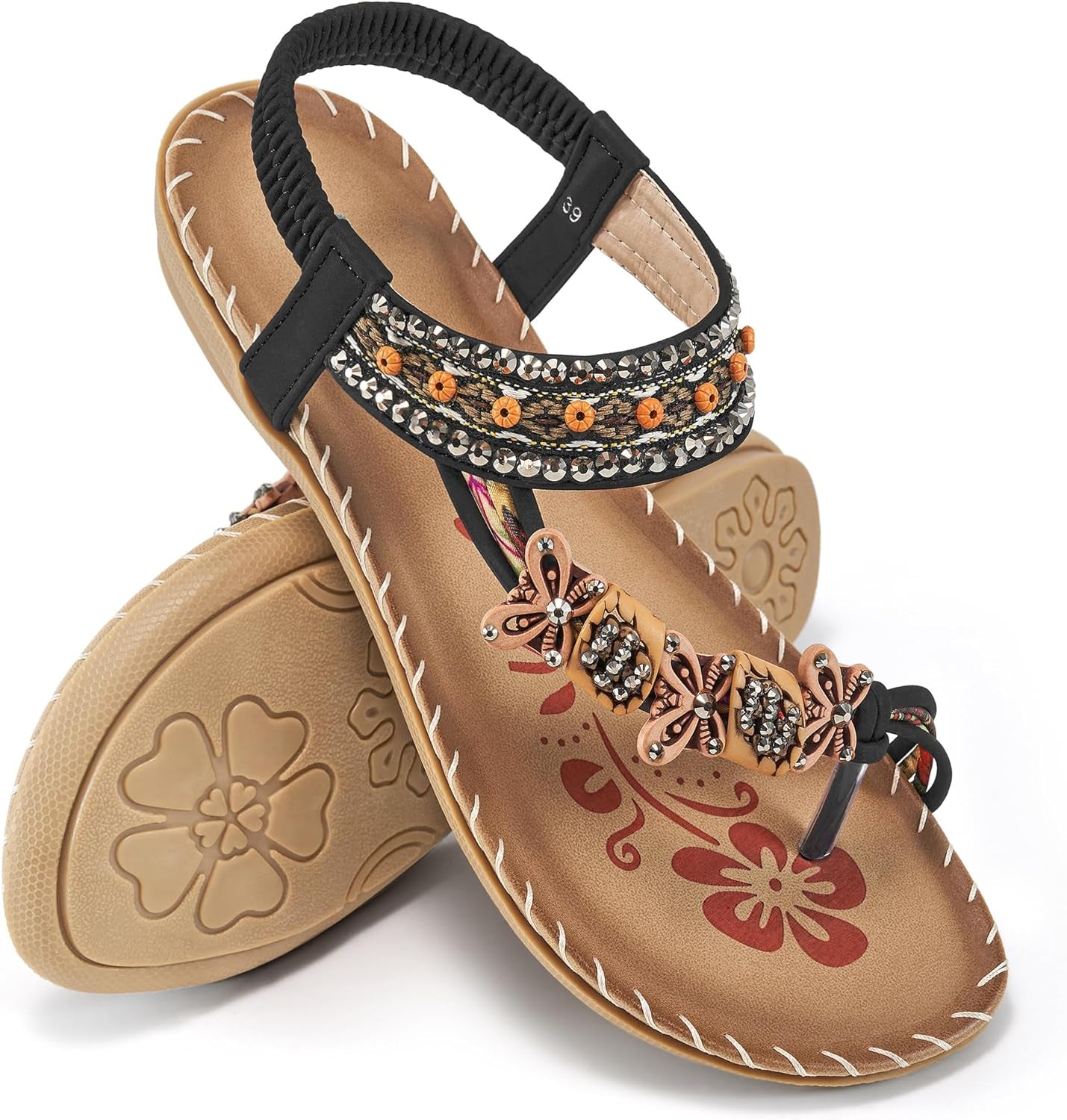 Womens Sandals Flats Shoes: Comfortable Bohemian Beaded Dressy Summer Flat Casual Ankle Strap Elastic Slip on Beach Sandal