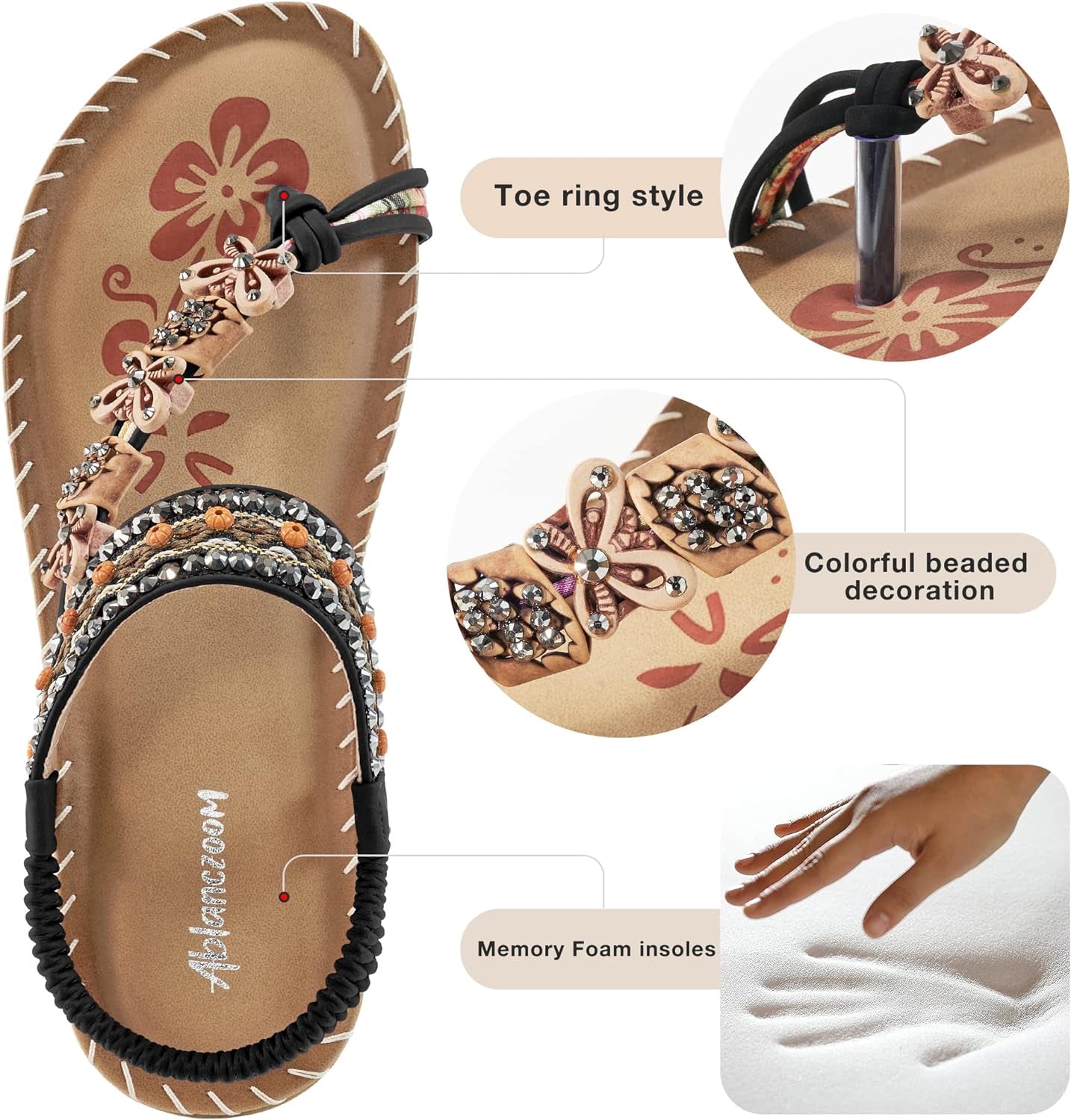 Womens Sandals Flats Shoes: Comfortable Bohemian Beaded Dressy Summer Flat Casual Ankle Strap Elastic Slip on Beach Sandal