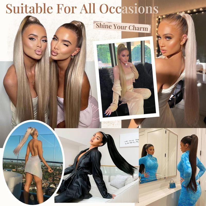 [Kookastyle]Long Straight 32-Inch Drawstring Ponytail Extension - Natural Soft Synthetic Hairpiece, Clip-In, Heat-Resistant, Black Fake Pony Tail for Women