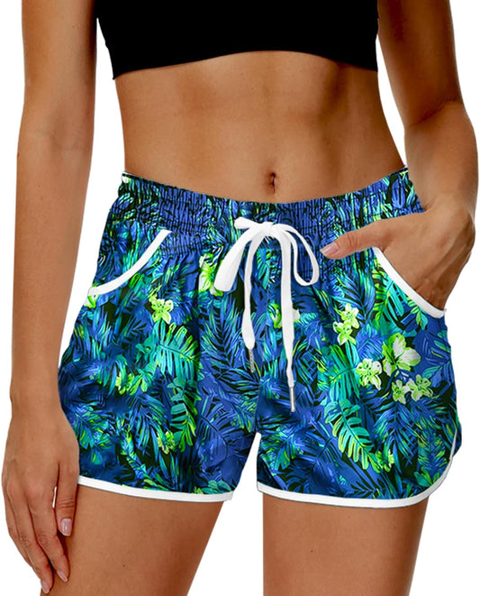 Women Summer Board Shorts Hawaiian Tropical Print Beach Swim Shorts with Pockets