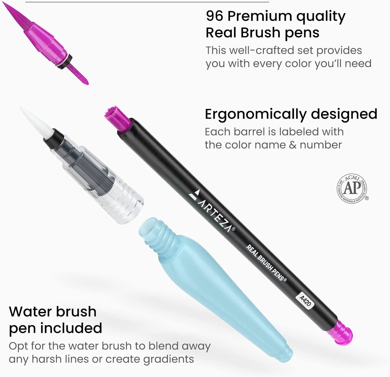 Real Brush Pens, 96 Drawing Pens Pack, Flexible Brush Tips, Professional Watercolor Pens, Drawing Markers, Non-Toxic, for Artists, Hobbyists, and Calligraphy Enthusiasts